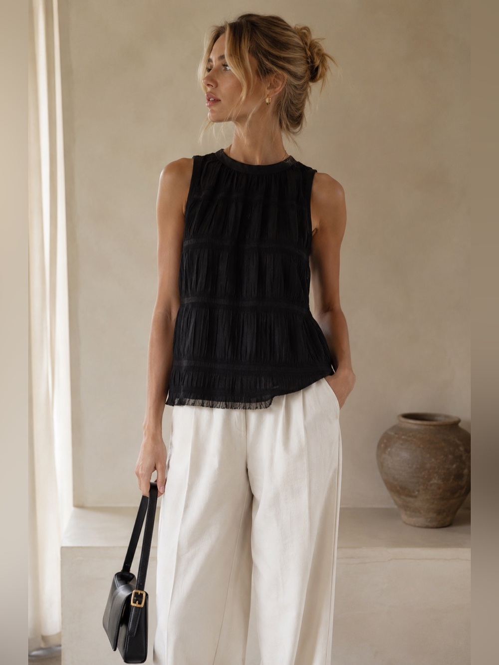 SUPERFINE Pleated Tiered Tank Top Size M Black Lace Trim Silky